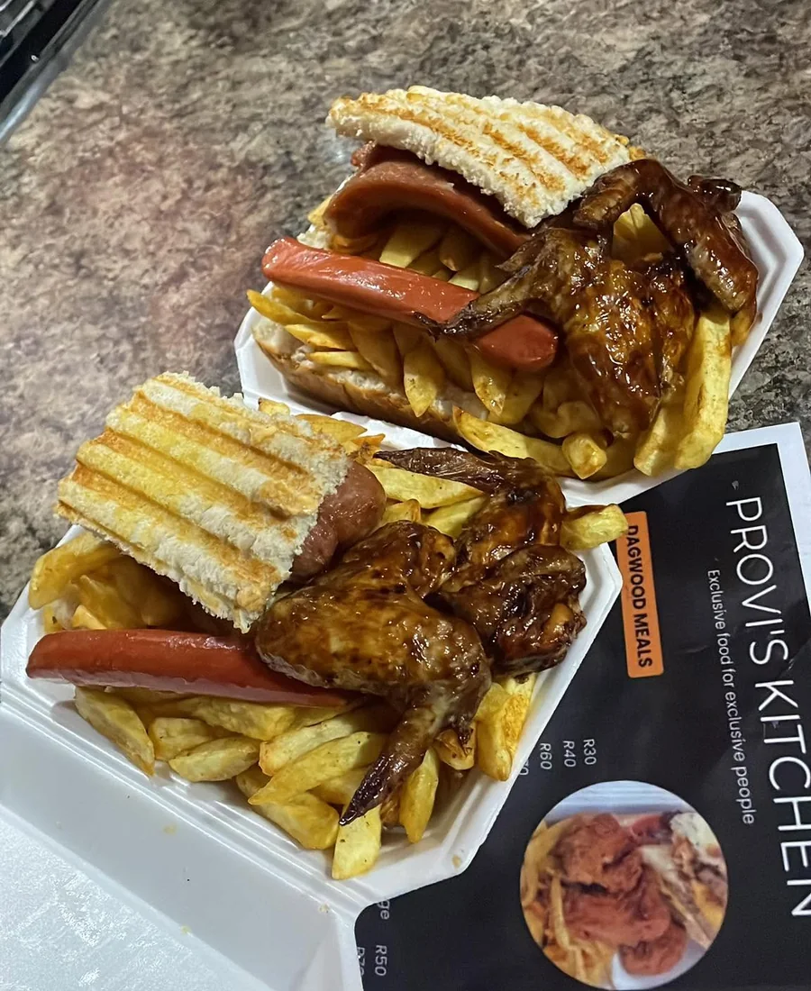 Loaded kota with chips, sausages and glazed wings
